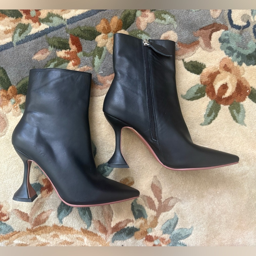 Amina Muaddi Black Leather Pointed Toe Sculpted Heel Ankle Boots with Pink Trim